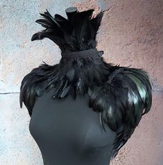 "Beautiful ice queen set. This consists of one feather neck piece and two separate black feather shoulder pieces. The neckpiece is made of iridescent black feathers attached to a felt base and ties at the back with a satin ribbon. The shoulder pieces are made of a lux iridescent black rooster feather trim with a soft felt lining. The lightweight pieces fasten with two brooch pins on each shoulder. This item will work best pinned through clothing onto a bra strap or on a structured item of clothi Raven Feather, Bird Clothing, Costume Wings, Iridescent Black, Black Rooster, Neck Corset, Shoulder Jewelry, Feather Skirt, Rooster Feathers