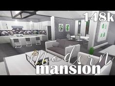 a modern living room and kitchen with the words modern mansion on it's side