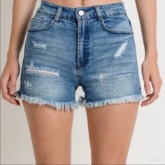 Timeless And Classic High Waist Distressed Denim Shorts 98% Cotton 2% Spandex Hi Rise Denim Intentionally Distressed Five Pockets Medium Wash Split Sides Brand New With Tags High Rise Distressed Medium Wash Bottoms, Distressed High Rise Medium Wash Bottoms, Ripped Stretch Dark Wash Shorts, Stretch Ripped Dark Wash Shorts, Dark Wash Ripped Stretch Shorts, Ripped High Rise Light Wash Bottoms, High Rise Ripped Light Wash Bottoms, Denim Blue Mid-rise Ripped Shorts, Distressed Mid-rise Denim Blue Shorts