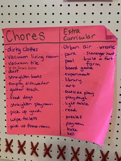 a pink piece of paper with writing on it that says chores and extra curio