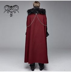 Steampunk Men's Red Cloak With Faux Fur, Brocade, and Stripes | Thinkers Clothing Cloak With Fur, Red Cloak, Feather Collar, Steampunk Man, Wine Red Color, Red Black Style, Royal Red, Brocade Fabric, Look Your Best