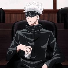 an anime character sitting in a chair with his hand on his knee and looking at the camera