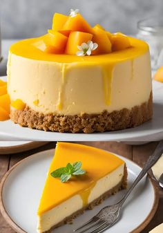 there is a cheesecake with mangos on the top and another dessert in the background