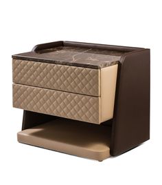 a brown and beige nightstand with two drawers on it's sides, one drawer open to the other