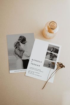 an image of a couple on their wedding day with the save the date card next to it