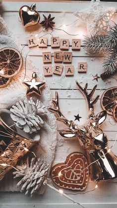 an assortment of christmas decorations and ornaments on a white background with the words happy new year