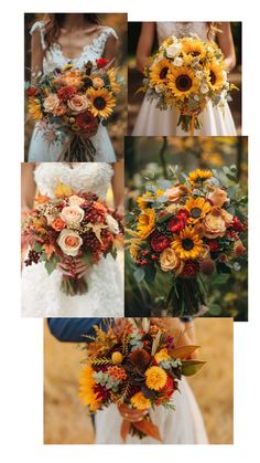 wedding bouquets with sunflowers, roses and other flowers are arranged in multiple pictures