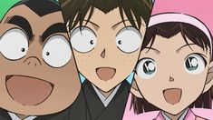 three anime characters with their mouths open and eyes wide open in front of the camera