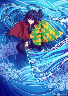 an anime character holding a surfboard in front of a blue background with waves and clouds