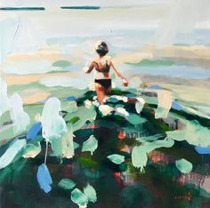 a painting of a woman in a bathing suit standing on a lily pad with water lillies