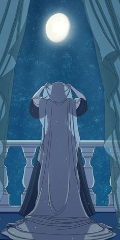 a woman standing in front of a window looking at the moon and stars above her