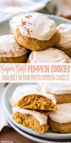 pumpkin cookies stacked on top of each other with frosting