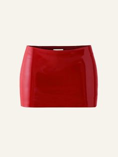 Product photography of a red vegan leather low rise mini skort Plastic Skirt, Red Leather Skirt, Red Engine, Radiate Confidence, Red Mini Skirt, 2015 Ford Mustang, Slow Fashion Brands, Swag Outfits For Girls, Mini Mini