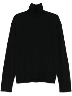 black virgin wool-cashmere blend fine knit ribbed turtleneck drop shoulder long sleeves perforated logo detail to the hem ribbed cuffs and hem Ribbed Turtleneck, Sweater Black, Turtleneck Sweater, Black Sweaters, Drop Shoulder, Knitted Sweaters, Knitwear, Cashmere, Turtle Neck