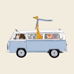 a blue vw bus with animals on the roof and a giraffe sticking its head out