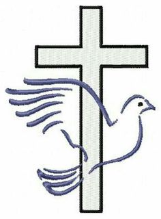 a cross with a dove on it and the word jesus written in blue is shown