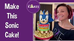 a woman holding a sonic cake with the words make this sonic cake