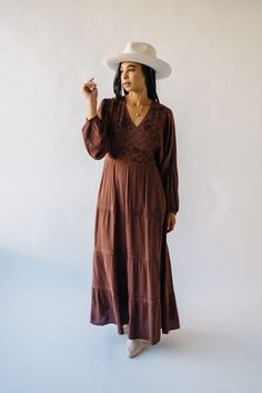 The Angello Embroidered V-Neck Maxi Dress in Brown – Piper & Scoot Piper And Scoot, Elegant Embroidery, Puff Sleeve Blouse, Design Dress, Slim Straight Jeans, Rayon Fabric, Floral Midi Dress, Large Bust, Cardigan Jacket