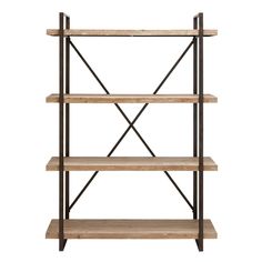 three wooden shelves with black iron legs on each shelf, one is empty and the other has