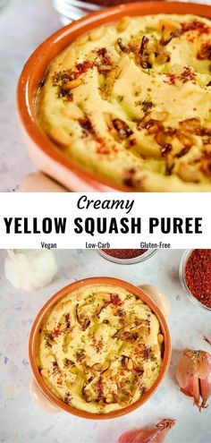 two pictures with different types of food in them and the words creamy yellow squash pure