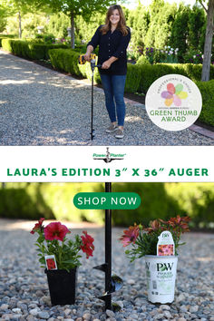 a woman standing next to two flower pots with flowers in them and the words laura's edition 3x5 - 6x6