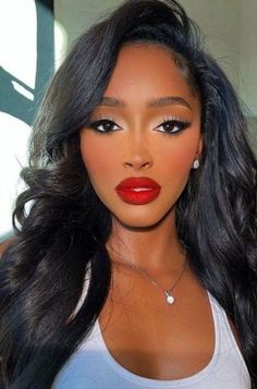 Cute Makeup Looks Red Lips, Red Lip Neutral Eye Make Up, Classy Black Women Makeup, Full Glam Makeup Looks Red Lips, Classy Red Lip Makeup, Ombre Red Lip Makeup Look Black Women, Old Hollywood Glam Makeup Black Women, Black Woman Red Lipstick, Makeup For Red Dress Wedding