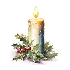 a lit candle with holly and red berries on the side, watercolor drawing by hand