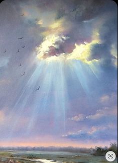 an oil painting of the sun shining through clouds over a river with birds flying overhead