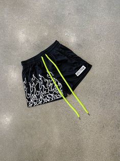 MUAY THAI FLAME SHORTS (MID THIGH CUT) - BLACK / WHITE - Kill Crew Kill Crew, Y2k Pants, Cute Lazy Outfits, Mesh Shorts, Designer Shorts, Muay Thai, Neon Yellow, Sport Shorts, Stylish Men