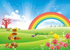 an image of a rainbow in the sky with flowers and animals on it's side