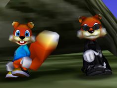 two cartoon foxes are standing next to each other in front of a rock and grass area