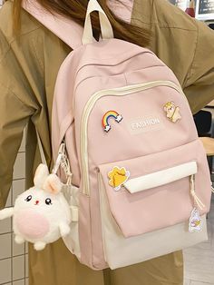 Pink Preppy   Nylon Letter Cartoon Functional Backpack    Women Bags Pink School Bags, Girly Backpacks, Korean Bags, Functional Backpack