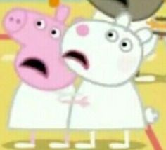 peppa and piggy face to face in the middle of a cartoon with an angry look on their faces