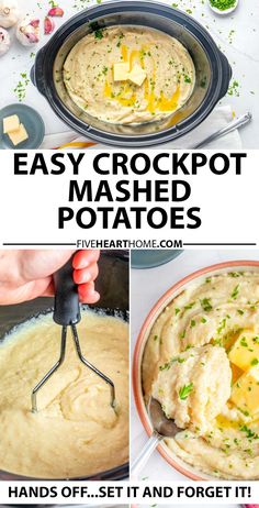 Easy Crock Pot Mashed Potatoes, three-photo collage with text showing mashed potatoes in crock pot, slow cooker mashed potatoes with hand masher, and crockpot mashed potatoes recipe in bowl for Thanksgiving side dish, Christmas side dish, Easter side dish, holiday side dish idea, and more! Crock Pot Mashed Potatoes Recipe, Crock Pot Mashed Potatoes, Slow Cooker Mashed Potatoes, Crockpot Mashed Potatoes, Recipe Slow Cooker, Easy Mashed Potatoes, Mashed Potatoes Recipe, Diy Easy Recipes, Making Mashed Potatoes