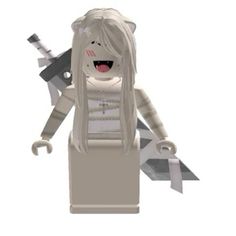 a lego figure with long hair and white dress holding a knife in one hand and smiling at the camera