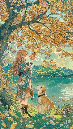 a painting of a girl and her dog looking at the water with autumn leaves on it