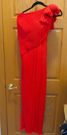 Stunning TADASHI SHOJI Sz 8 Formal Red One Shoulder Chiffon Evening Gown Lined Scalloped Bottom Women's Dresses Floor Length Clothing EC 100% polyester chiffon Full polyester jersey lining Scalloped pleated chiffon  Triple loop bow over the left shoulder adds elegance Right underarm zipper 26-inch left side slit allows for freedom of movement Bust measures approx. 35 inches Waist measures approx. 28 inches The hip measurement is approx. 40 inches Length measures approx. 58 inches No Damage nor Odor. Excellent Condition ~ Worn Once! Elegant in its simplicity, this timeless style is ready for your most glamorous event. Just add your own personal jewelry and accessories. Retail Price $488 Dresses Floor Length, Personal Jewelry, Pleated Chiffon, Tadashi Shoji, Formal Dresses For Women, Dress Clothes For Women, Evening Gown, Women's Dresses, Evening Gowns