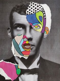 a man in a tuxedo with pieces of paper cut out of his face