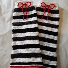 Handmade Crochet Black And White Striped Leg Warmers/Red Accents/Wide At Bottom/16 Inches Crochet Black And White, Blue Leg Warmers, Wedding Garter Toss, Striped Leg Warmers, Gray Leg Warmers, Black Leg Warmers, Cable Knit Socks, Wedding Garter Blue, Garter Toss