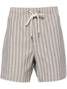 taupe/light beige cotton-linen blend vertical stripe pattern mid-rise drawstring waist straight leg two side slit pockets two rear patch pockets Drawstring Waist Shorts, City Shorts, Summer Beach Wear, Light Jacket, Jacket Style, Light Beige, Stripes Pattern, Jean Coat, Cotton Linen