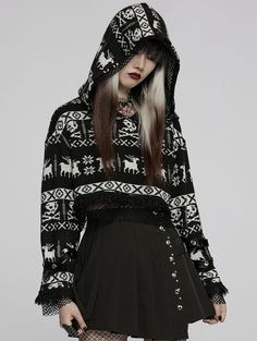 Black and White Gothic Cute Skull Hooded Short Sweater for Women#gothicsweater #grungesweaters #longgothicsweater #blackgothicsweater #gothicsweaterforwomen #transparentgothicsweater Goth Christmas, Cute Skull, Short Sweater, Mesh Sweater