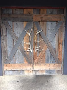 two deer antlers are mounted on wooden doors