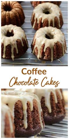 coffee chocolate cake on a cooling rack with icing drizzled over it