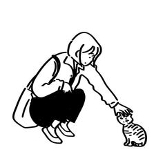 a black and white drawing of a woman petting a cat