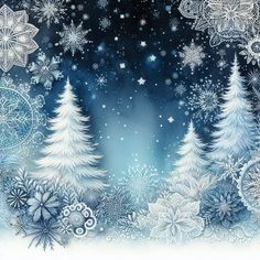 snowflakes and fir trees on a blue background with stars in the night sky