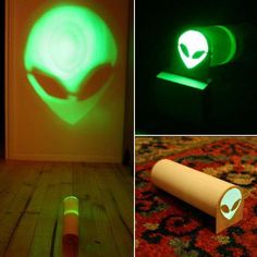 three different pictures with green light and an alien logo