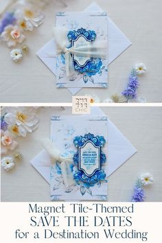 two pictures of wedding cards with blue and white flowers on the bottom one is for save the date