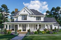 this is an artist's rendering of a house in the country style with white siding and black shingles