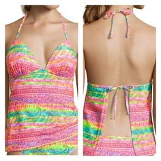 Rbohemian Stripe Push-Up Halterkini Swim Top With Open Back. Hipster Swim Bottoms With Four Strap Sides. Spring Pink Swimwear With Vibrant Print, Pink Bohemian Sleeveless Swimwear, Hippie Multicolor Spring Swimwear, Pink Bohemian Triangle Top Swimwear, Pink Bohemian Festival Swimwear, Top With Open Back, Striped Swimsuit, Arizona Jeans, Swim Bottoms