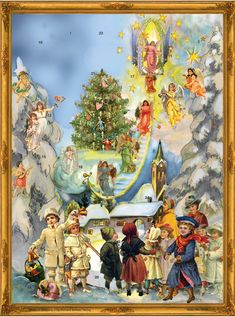 a painting of children around a christmas tree